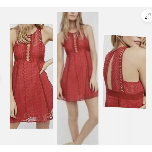 Free People Sundress WMNS 8 Red Lace Keyhole Cutout Mini Sleeveless Vintage Boho - Picture 2 of 13